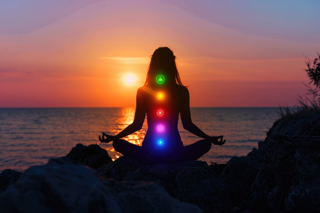 mulher sentada ao por do sol fazendo meditação reiki e alinhando os chakras