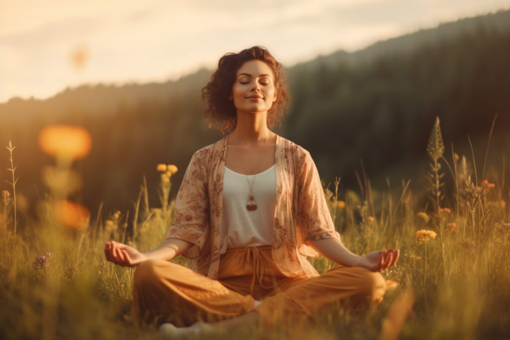 Mulher fazendo meditação em meio a natureza