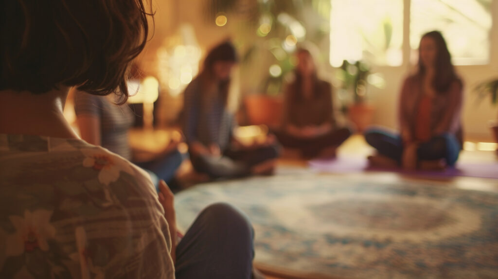 quatro pessoas sentadas praticando meditação guiada