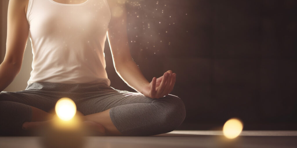 Mulher sentada praticando meditação