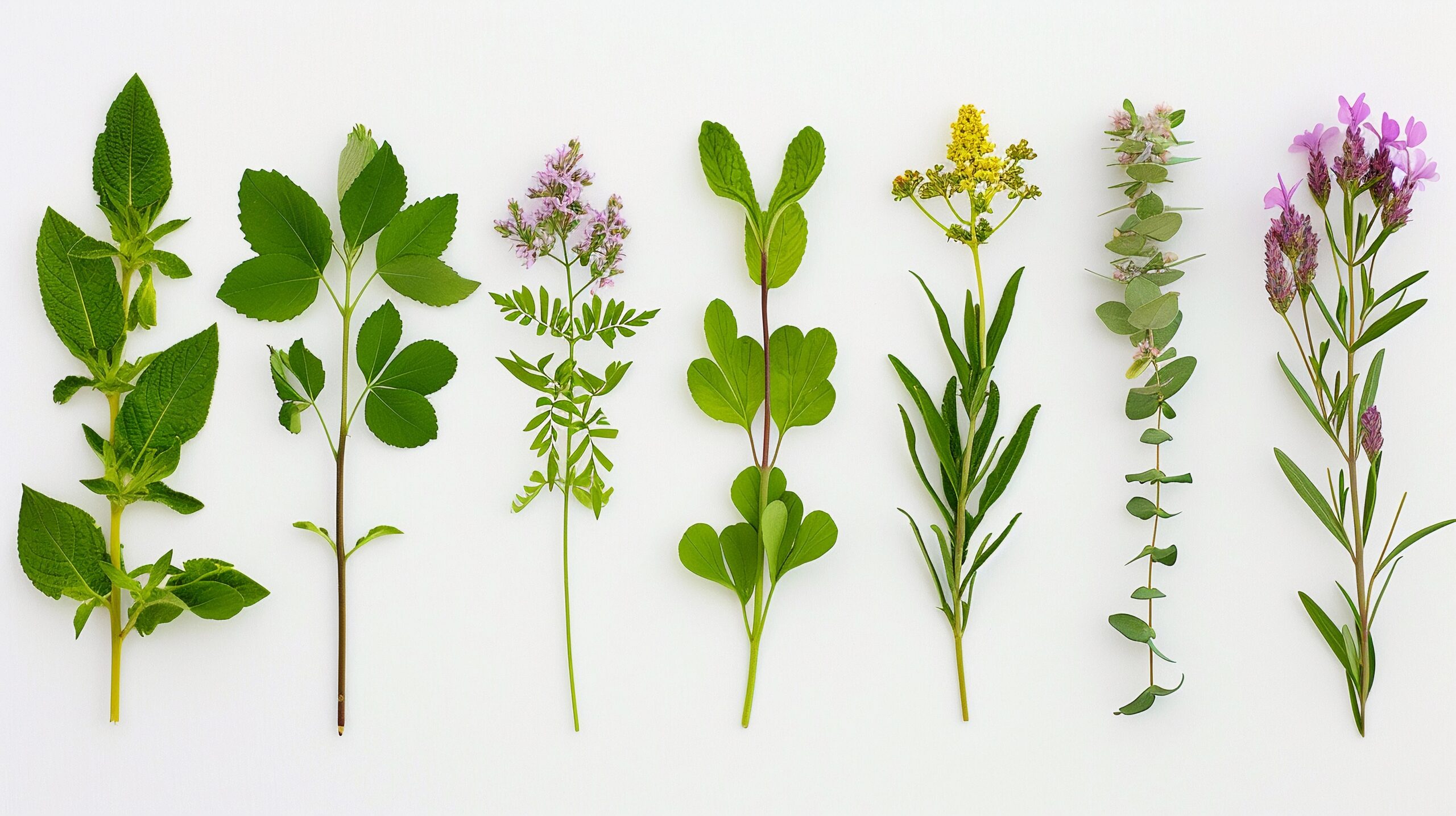 sete galhos de plantas medicinais dispostas lado a lado