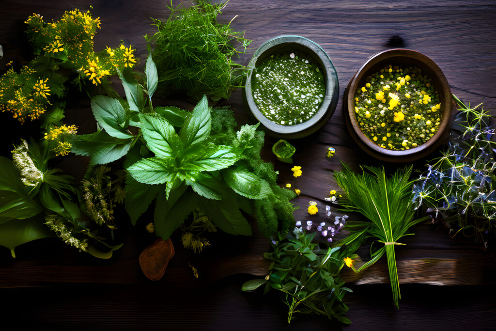 plantas medicinais em cima de uma mesa de madeira escura