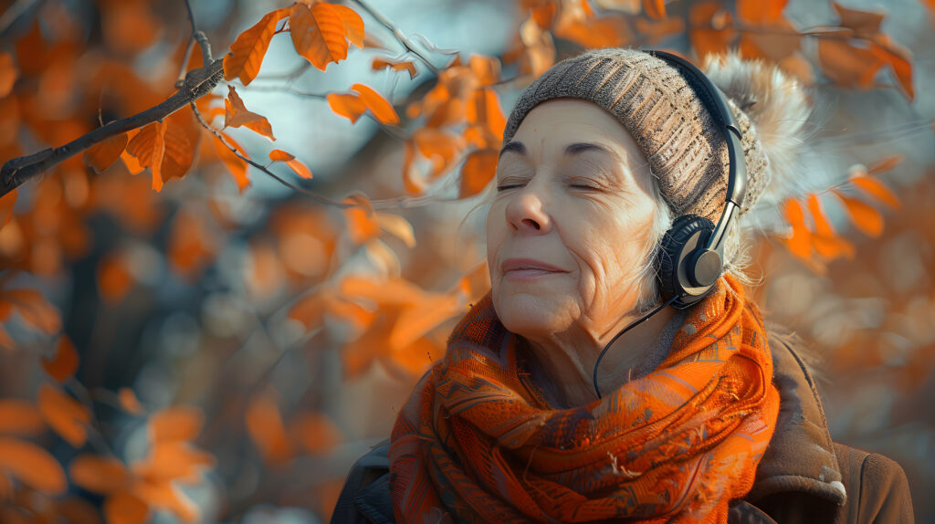 senhora com fone de ouvido praticando musicoterapia