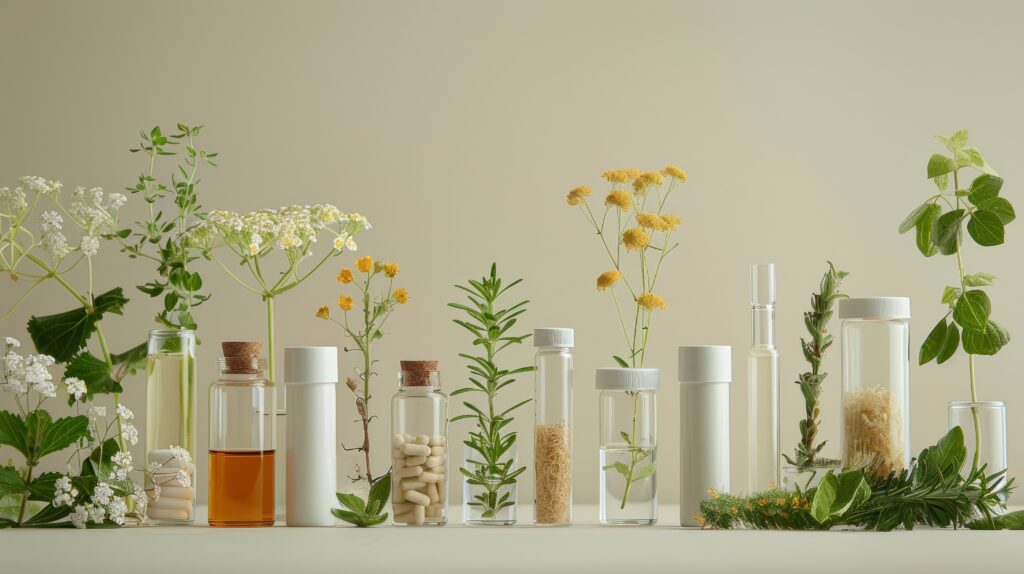 variedade do homeopático remédios dentro vidro frascos com medicinal ervas e flores conceito do alternativo medicamento, orgânico boticário, ervas extratos, homeopatia, naturopatia