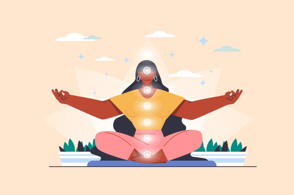 ilustração de mulher praticando meditação com alinhamento de chakras e reiki