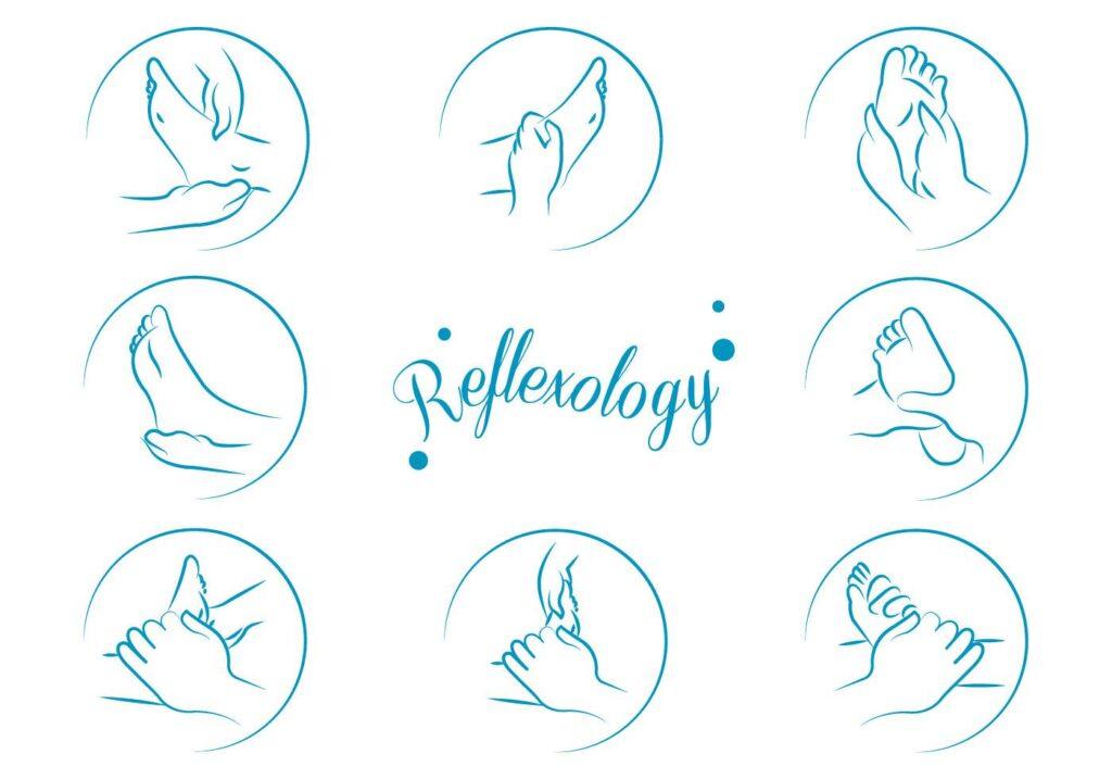 ilustração de varios pés com a palavra reflexology no centro