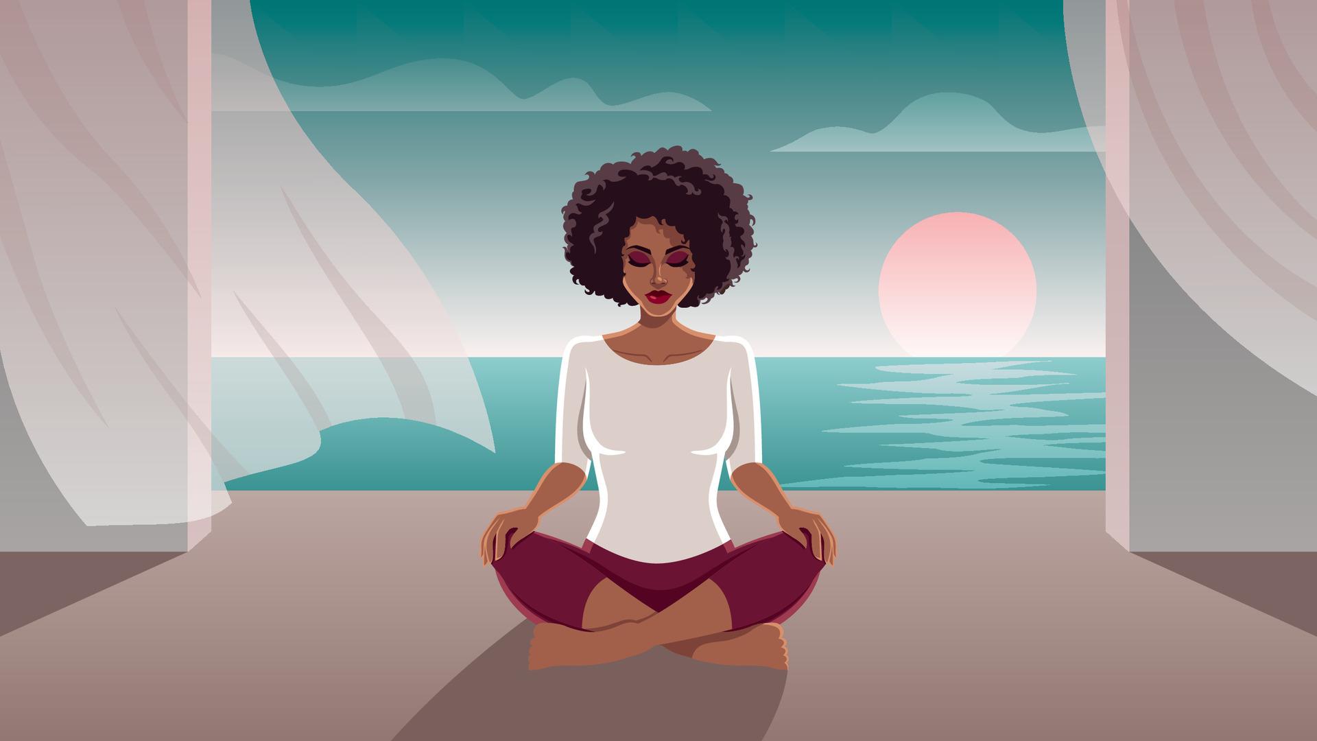 ilustração de mulher praticando meditação de frente pro mar