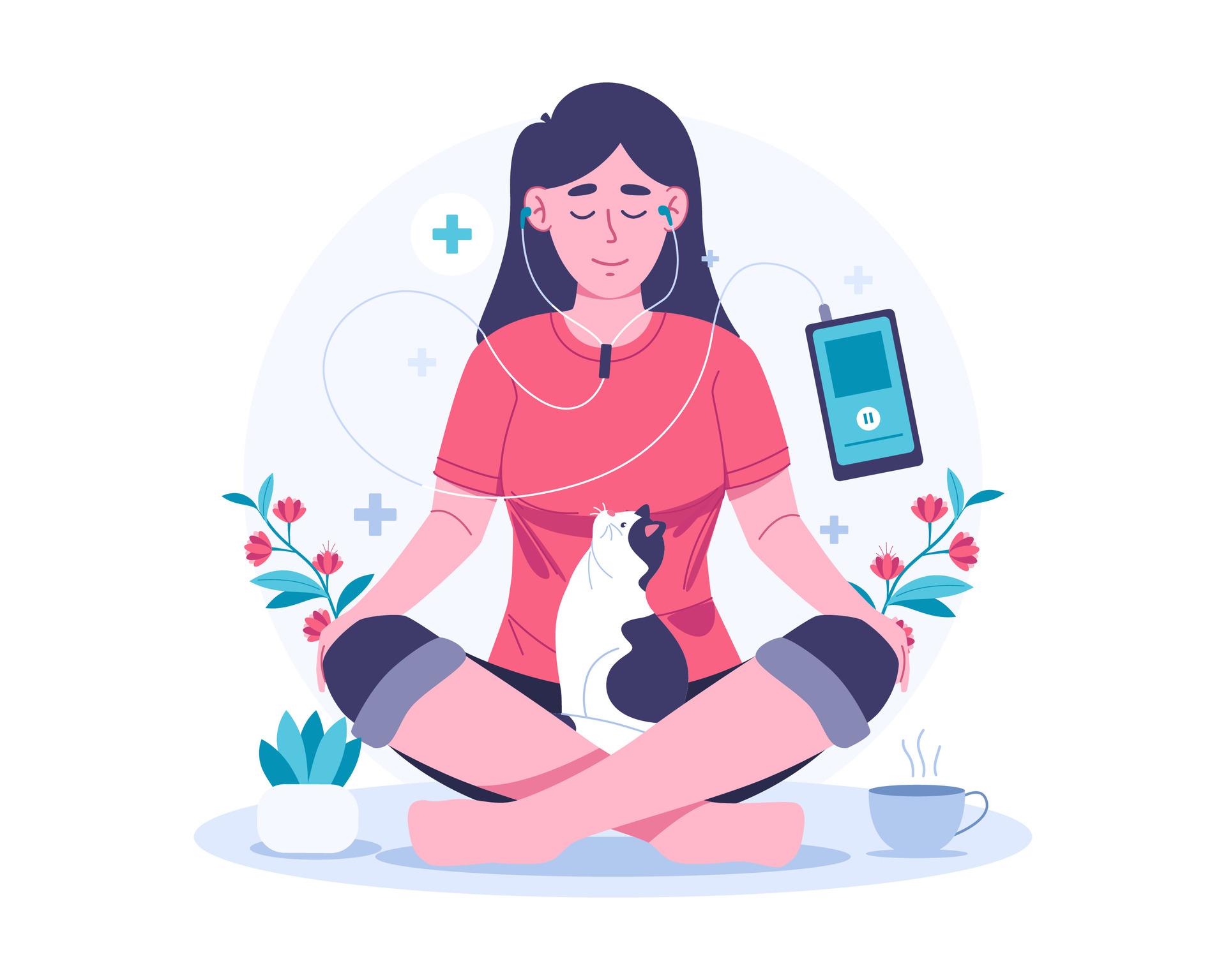 ilustração de mulher meditando com fones de ouvido e um gato no colo