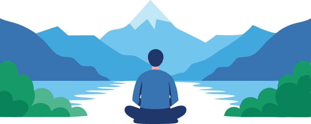 ilustração de homem meditando na montanha