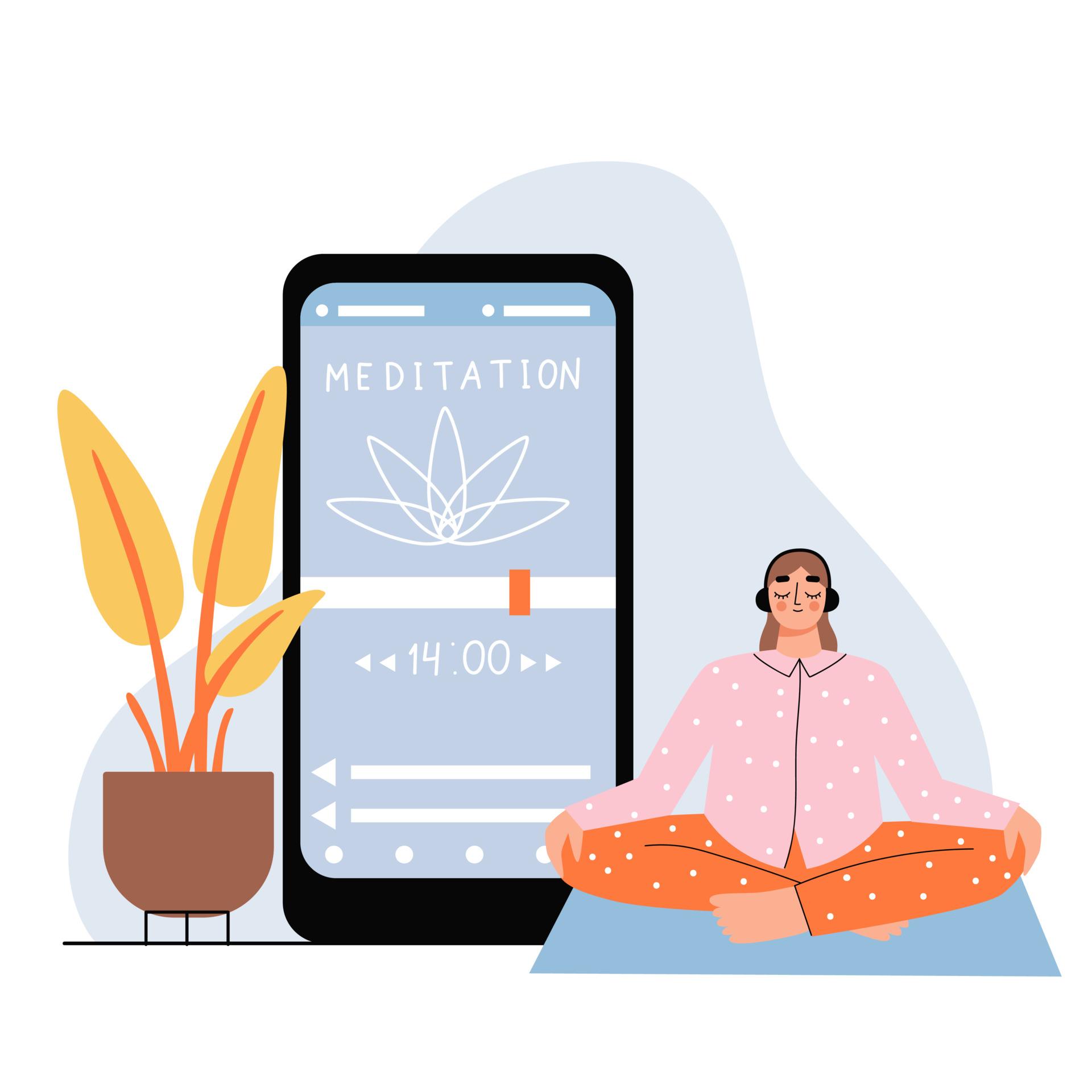 ilustração de uma mulher meditando e um celular