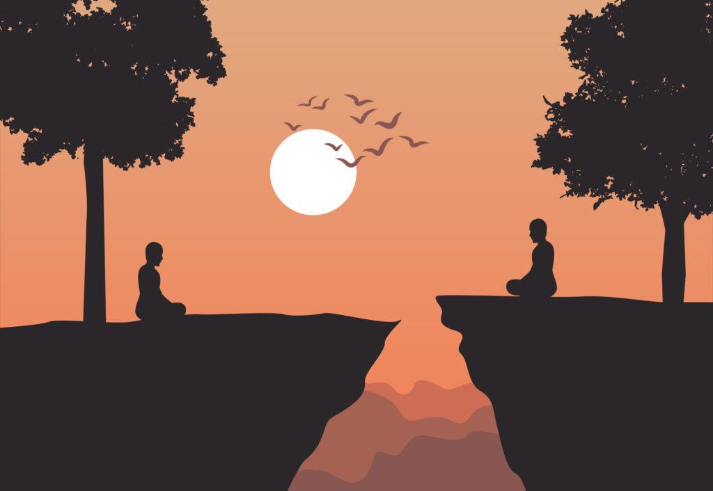 ilustração de duas pessoas meditando ao por do sol