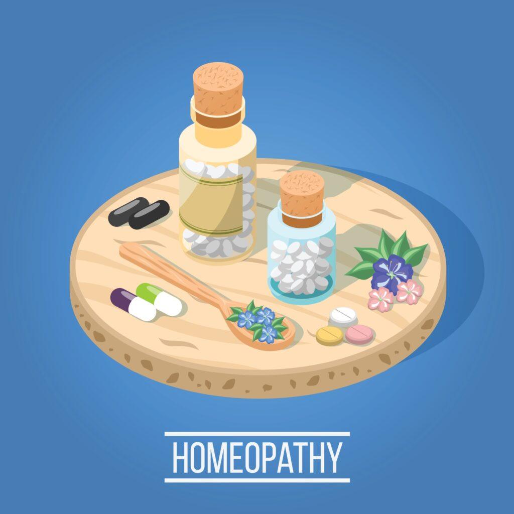 ilustração de frascos com remedios homeopaticos
