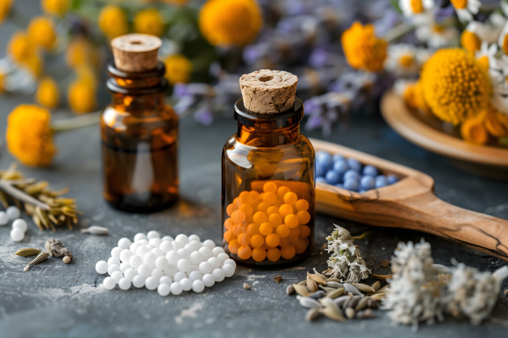 remedios homeopáticos conceito com branco e azul pílulas, medicinal jarros, e seco plantas em uma mesa