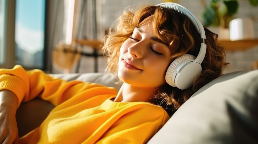 mulher jovem ouvindo musica e relaxando. Praticando a abordagem da musicoterapia receptiva